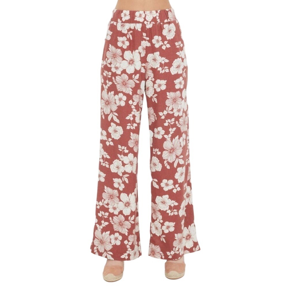 Women's Dex rust‎ and cream floral linen blend wide leg pants size M.